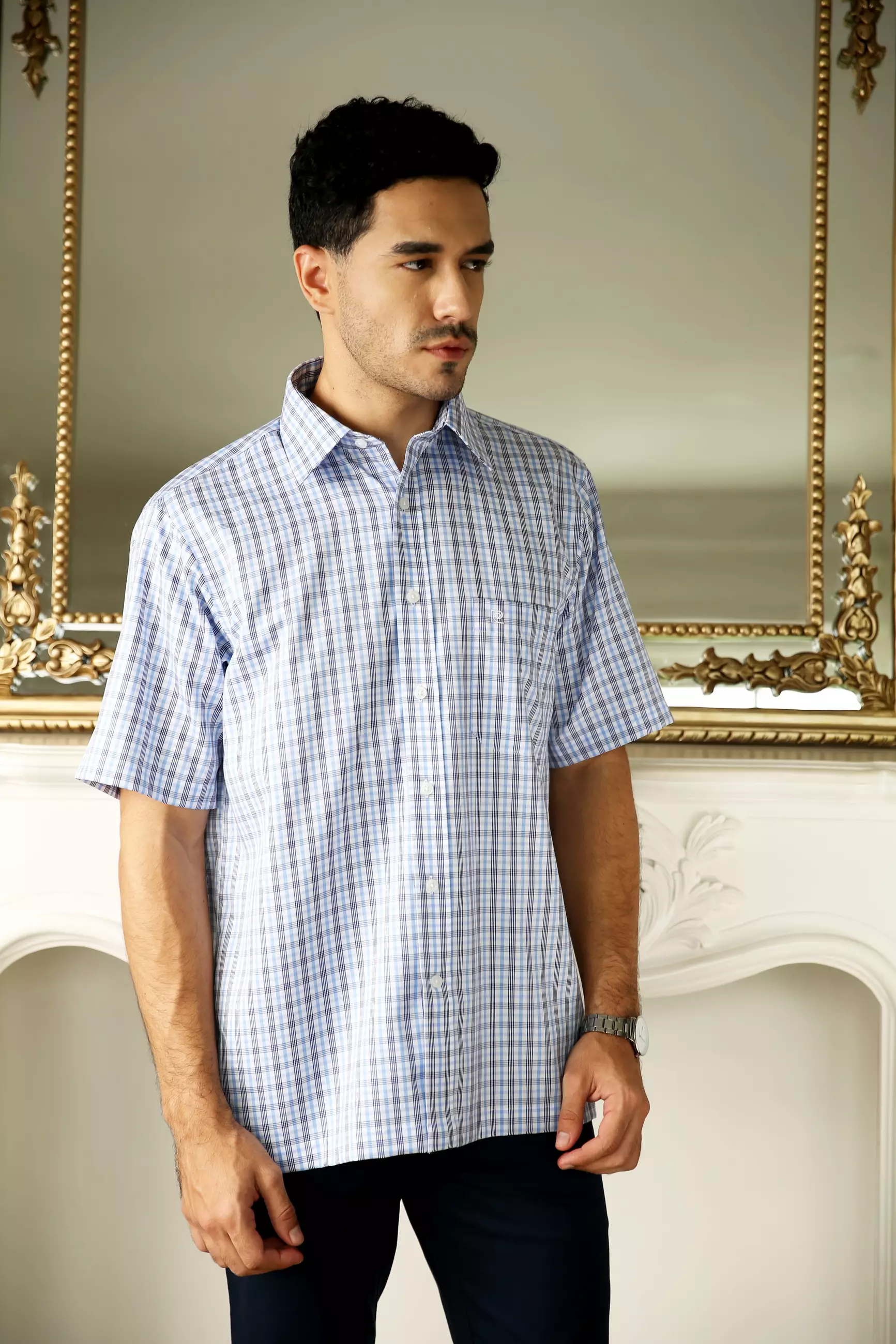 Kemeja Lengan Pendek Pierre Cardin TechnoShirt Classic Check Ryo - Blue Cotton Smart Casual