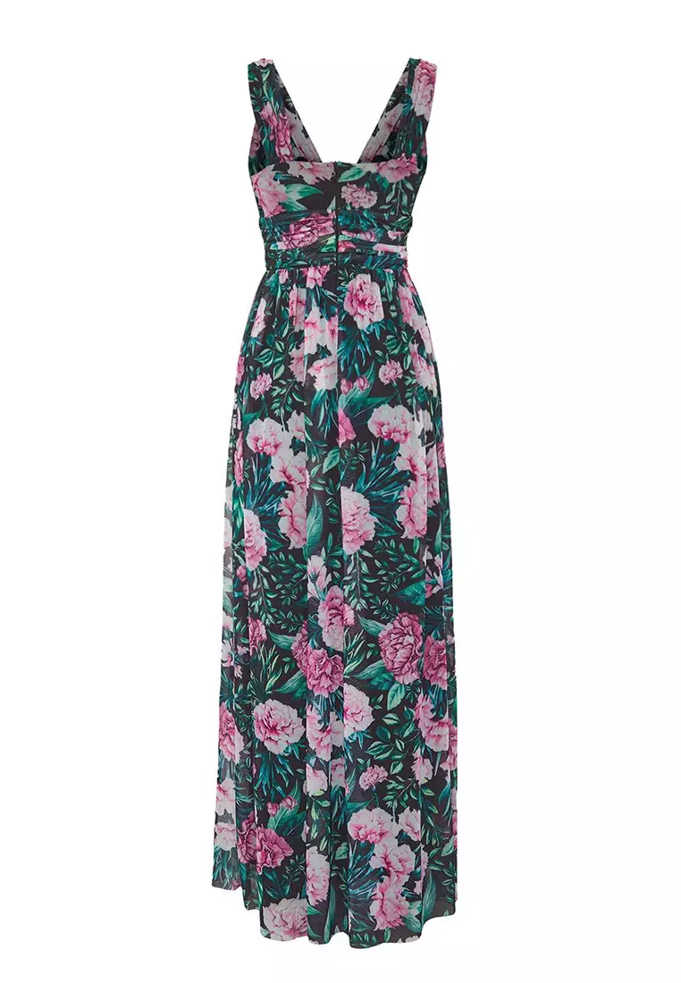 Multicolor A-Line V-Neck Floral Pattern Knitted Long Stylish Evening Dress Tprss25Ae00096