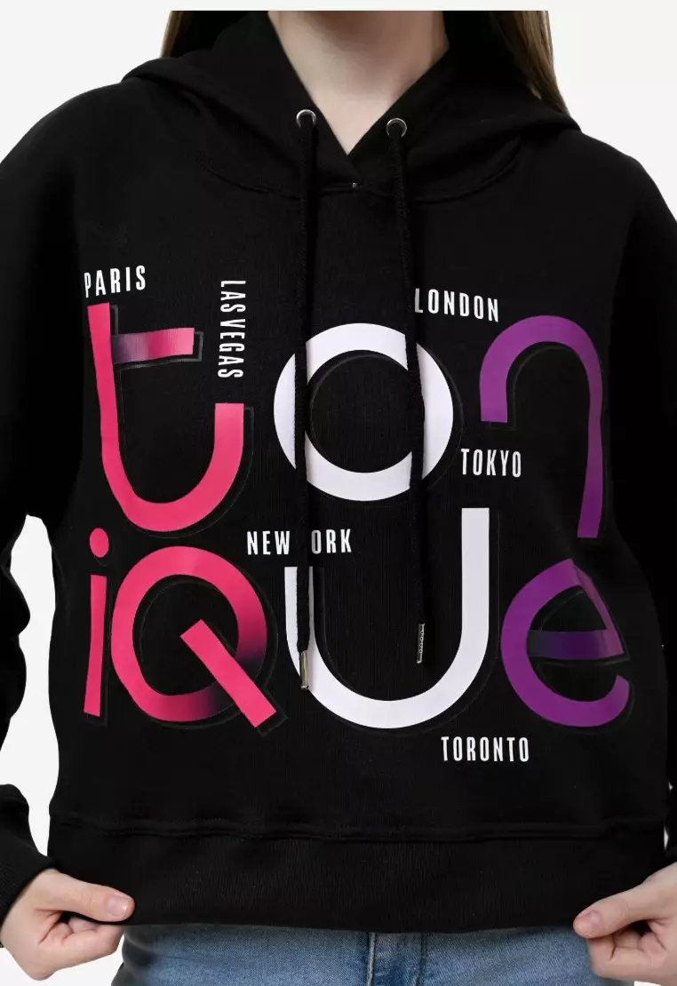 TONIQUE Wanita Crop Hoodie Katun Fleece Hitam MIA Womens Regular Fit Cotton Fleece Crop Hoodie Black
