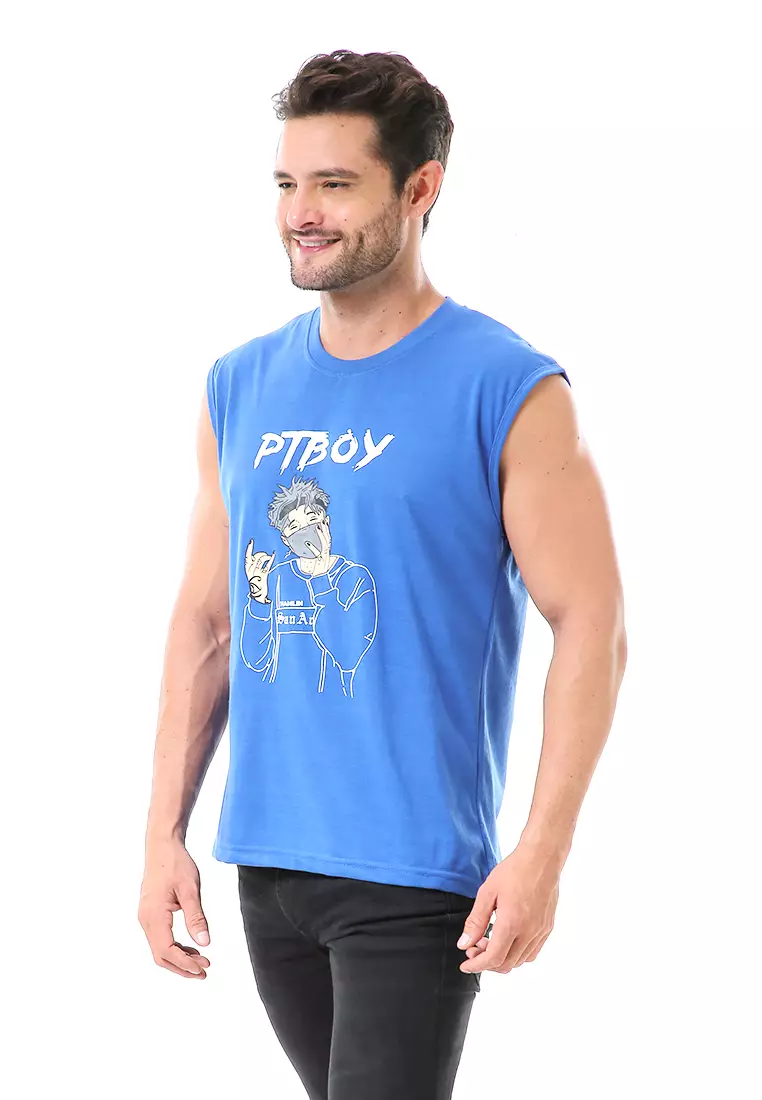 Bobby Atasan Kasual Pria Singlet Motif Ptboy Sleeveless Tshirt Material Cotton ORIGINAL - Blue