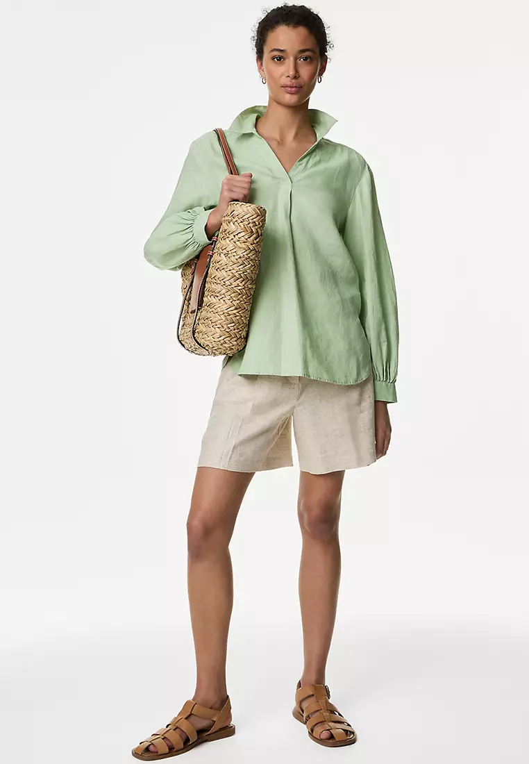 Pure Linen Collared Popover Blouse