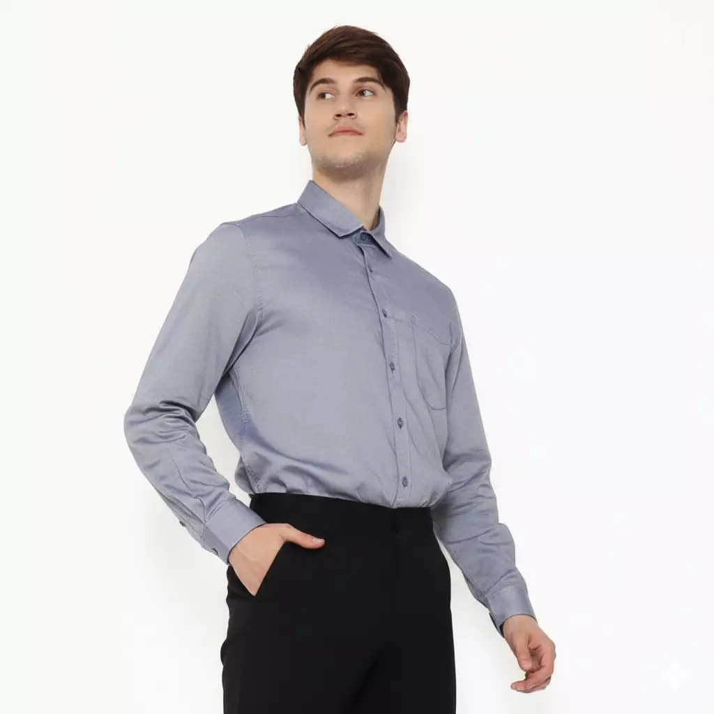 Lawell Kemeja Pria Lengan Panjang Slim Fit Katun 100% Warna Silver Blue – WALT-MLNS