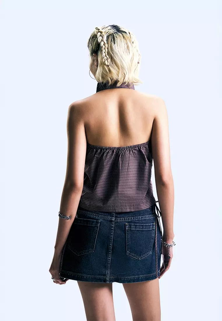 Halter Backless Plaid Slim Cropped Top