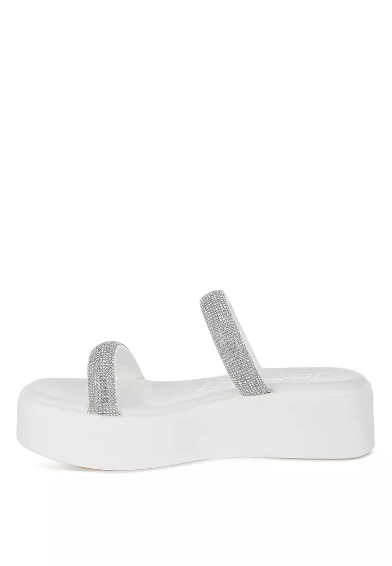 Sandal Platform Berhias Berlian Imitasi Tebal Warna Putih