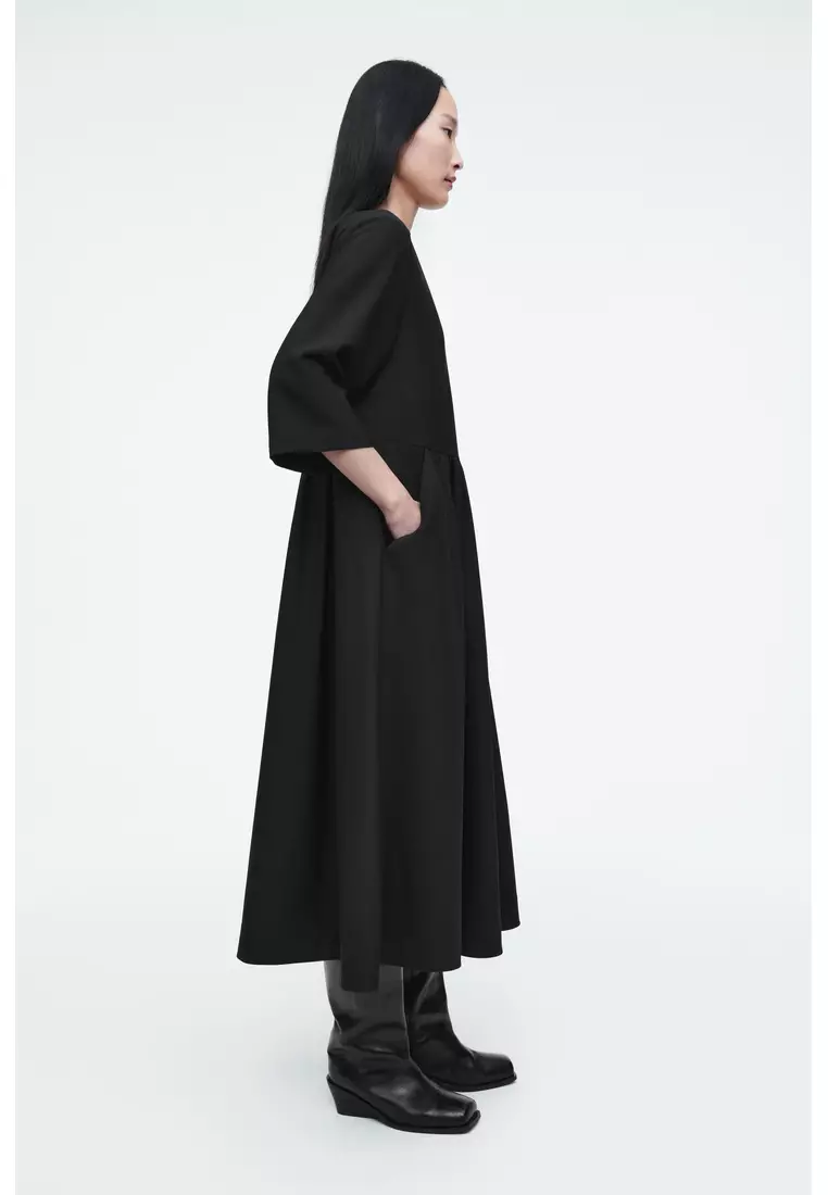 GATHERED WOOL-BLEND MIDI DRESS