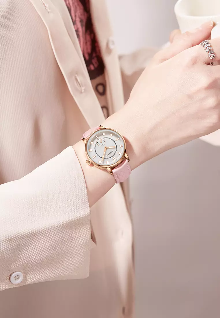 Jam Tangan Wanita Original Anggun Bercahaya Tali Kulit Mode Jam Tangan Cewek pinkwhite