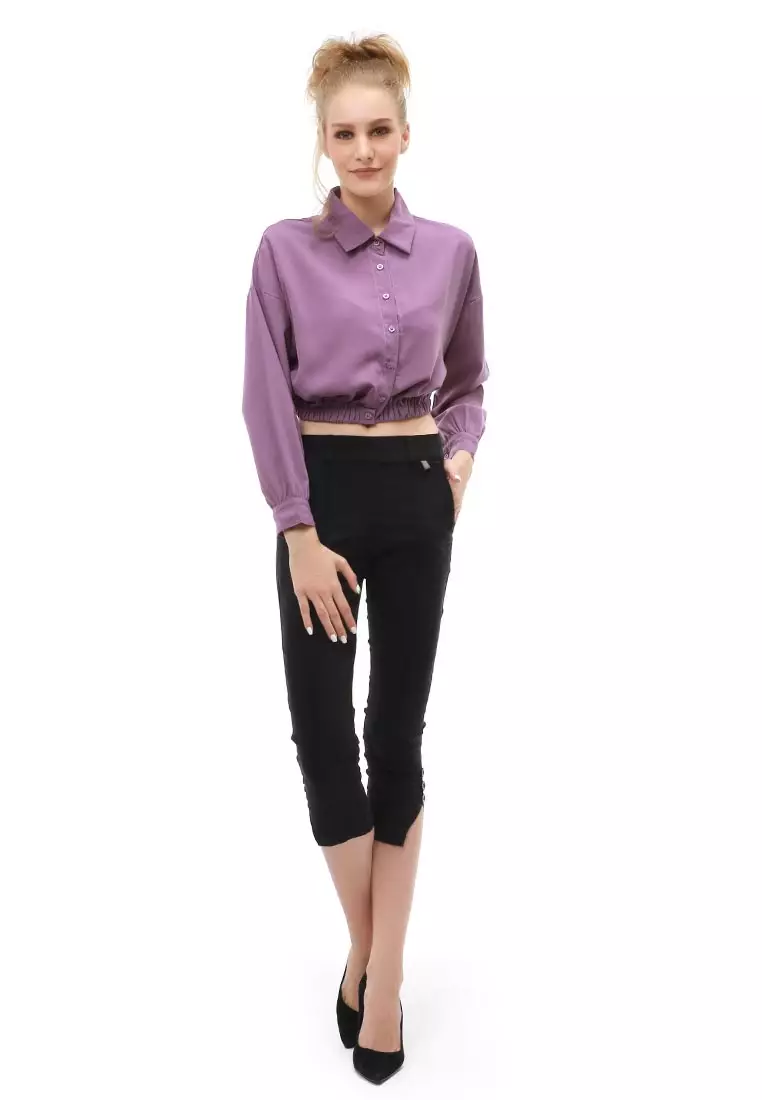 Holly Atasan Kasual Wanita Kemeja Lengan Panjang Shirt Long Sleeve Variasi Karet Pinggang Material Woven ORIGINAL - Lilac