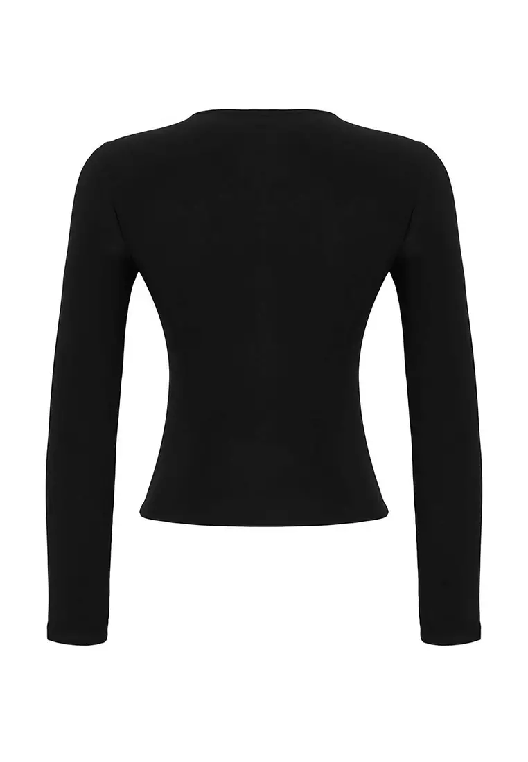 Black Crew Neck Low Cut Detail Knitted Sandy Party Blouse