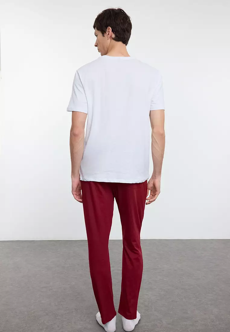Ecru - Claret Red Regular Fit Knitted Couple 100% Cotton Pajama Set TMNAW25PT00047
