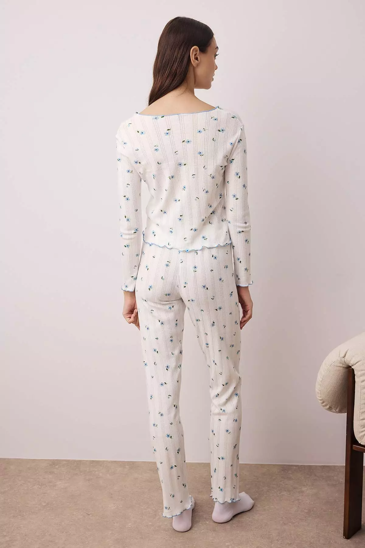 White Blue Floral Ribbon/Bow Ribbed/Pointel Knitted Pajamas Set