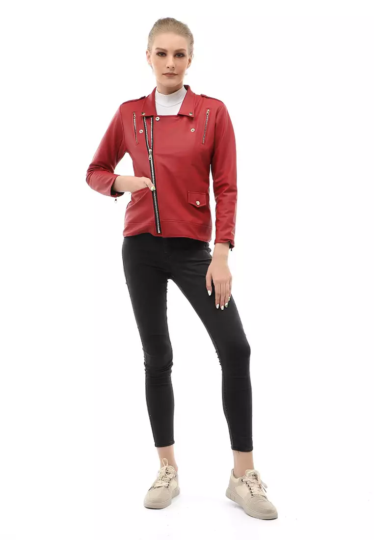Glenice Jaket Kulit Casual Wanita Windproof Stylish Design Material Leather ORIGINAL - Red