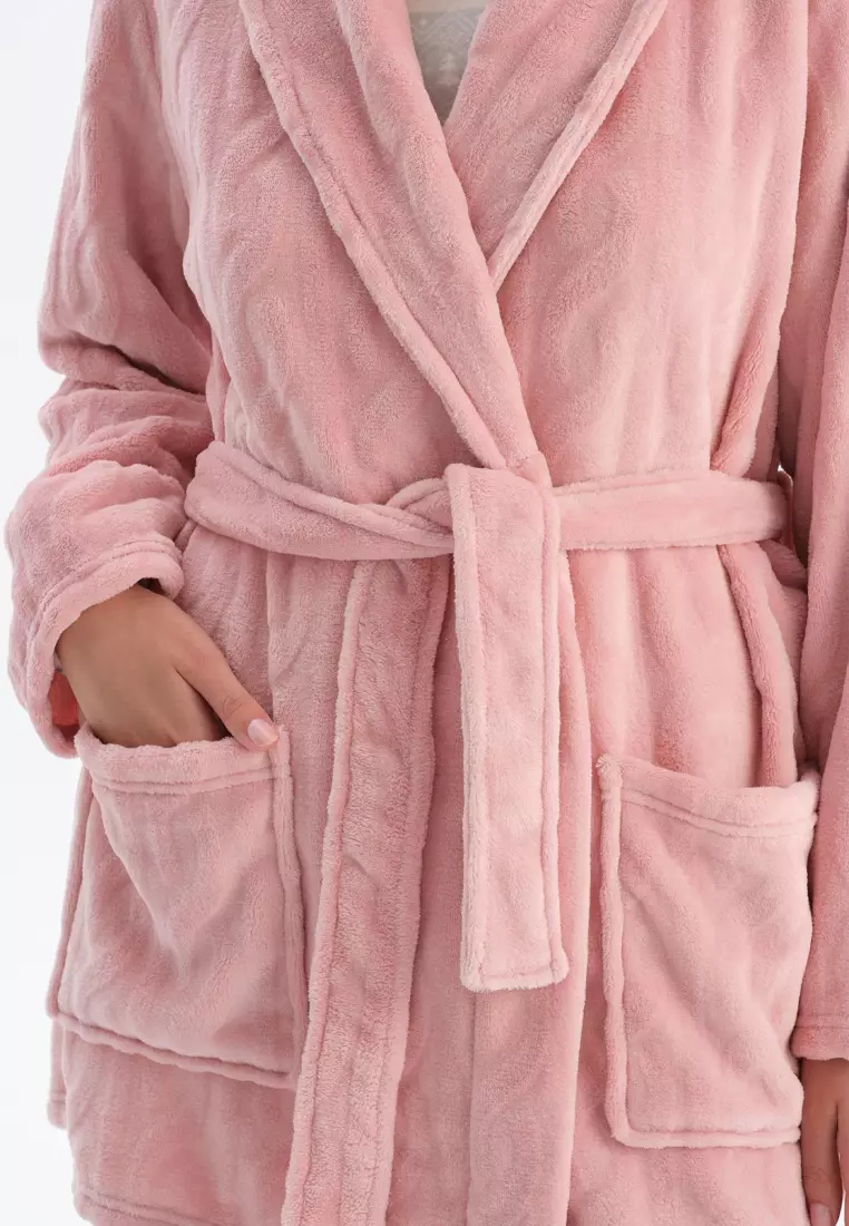 Soft Pink Dressing Gown, Shawl Collar, Oversize, Long Sleeve Sleepwear for Women