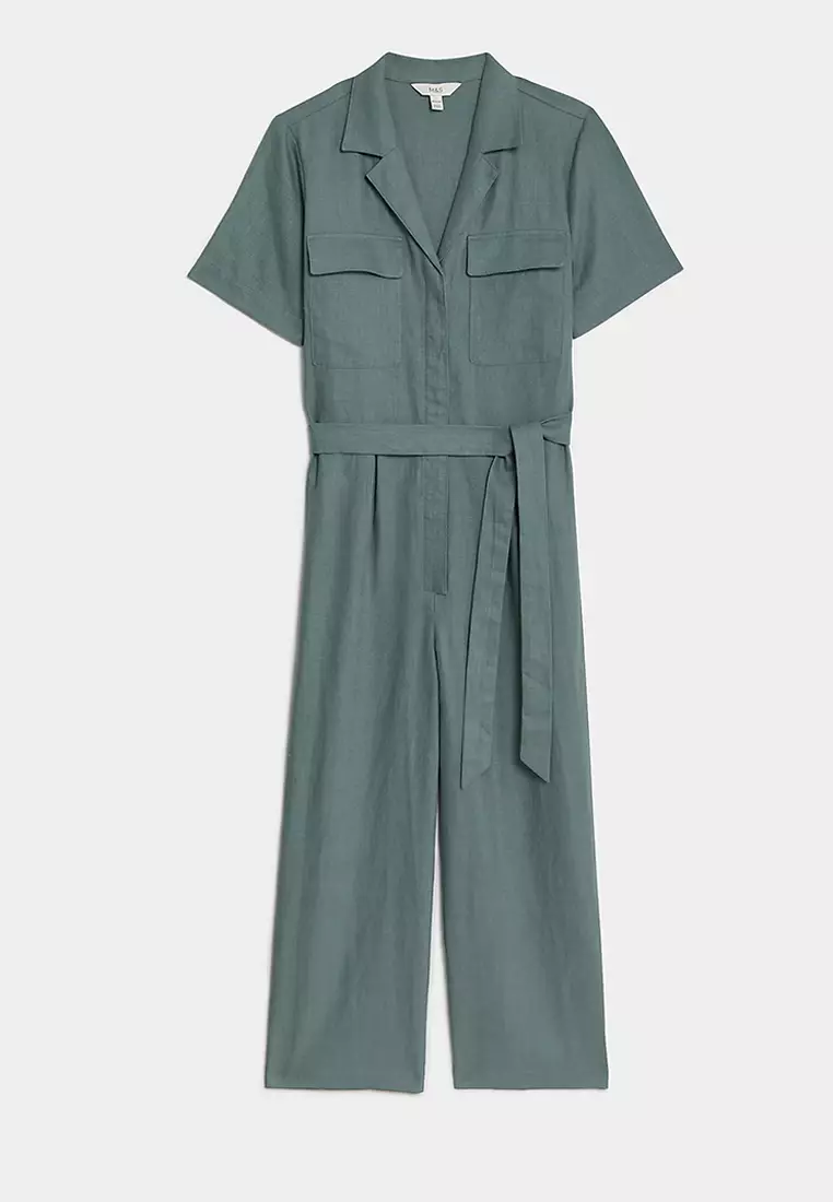 Linen Blend Belted Utility Jumpsuit