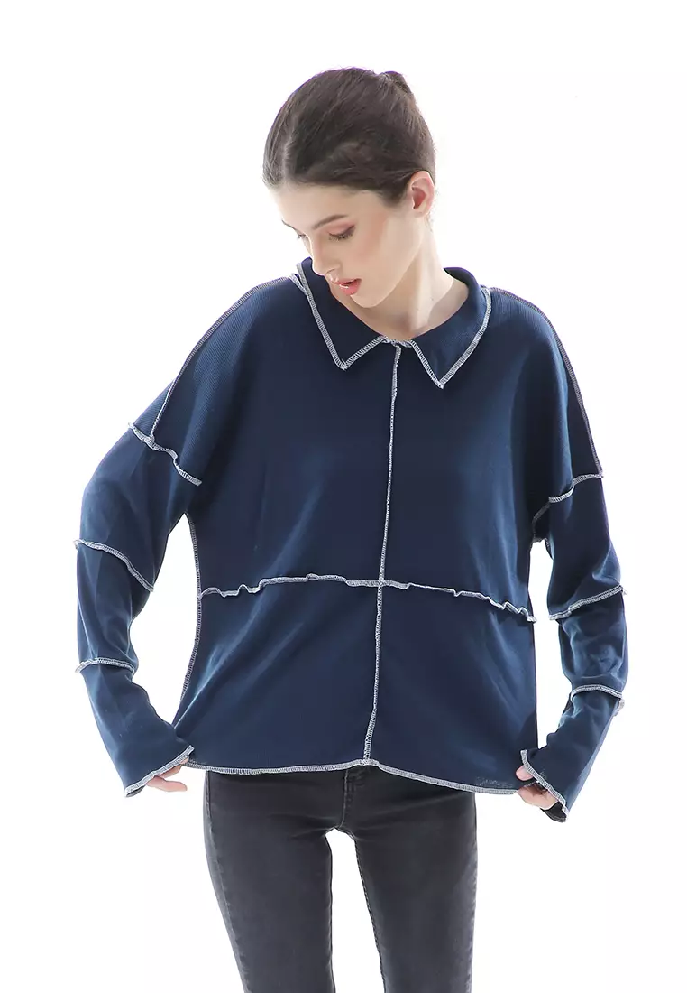 Veronica Blouse Terbalik Relaxed Motif Polos Long Sleeve Premium Quality - Navy