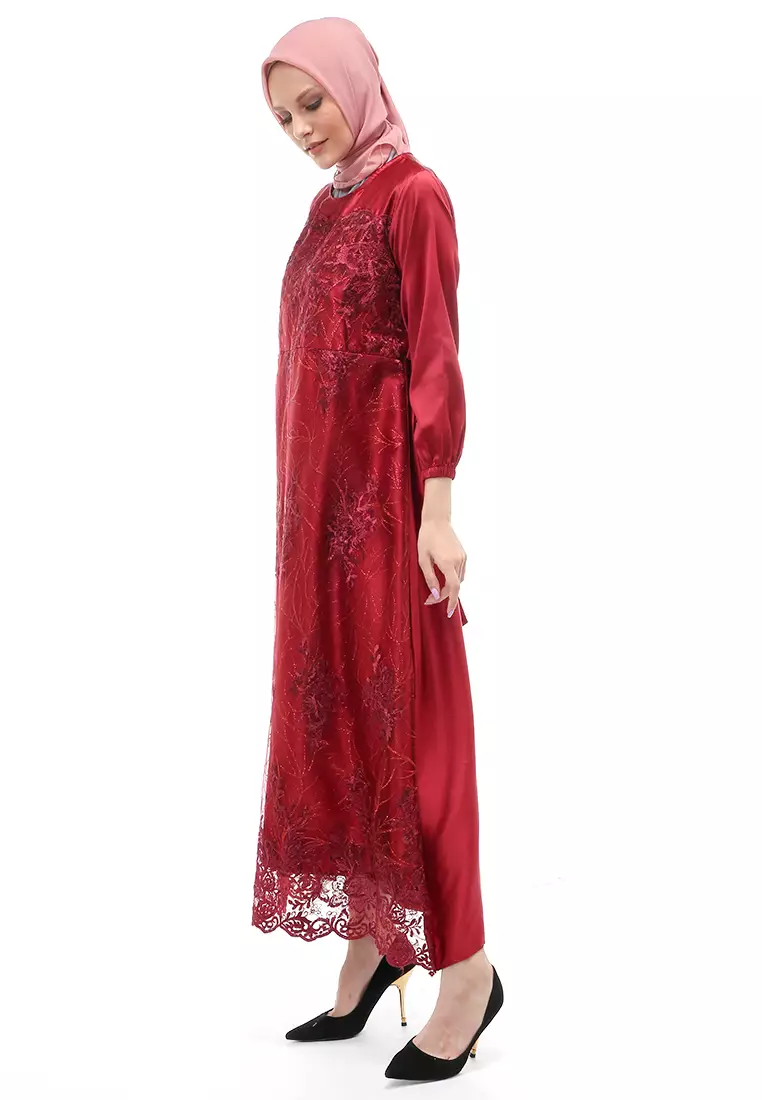 Monita Gamis Brokat Tile Wanita Muslimah Regular Fit - Maroon