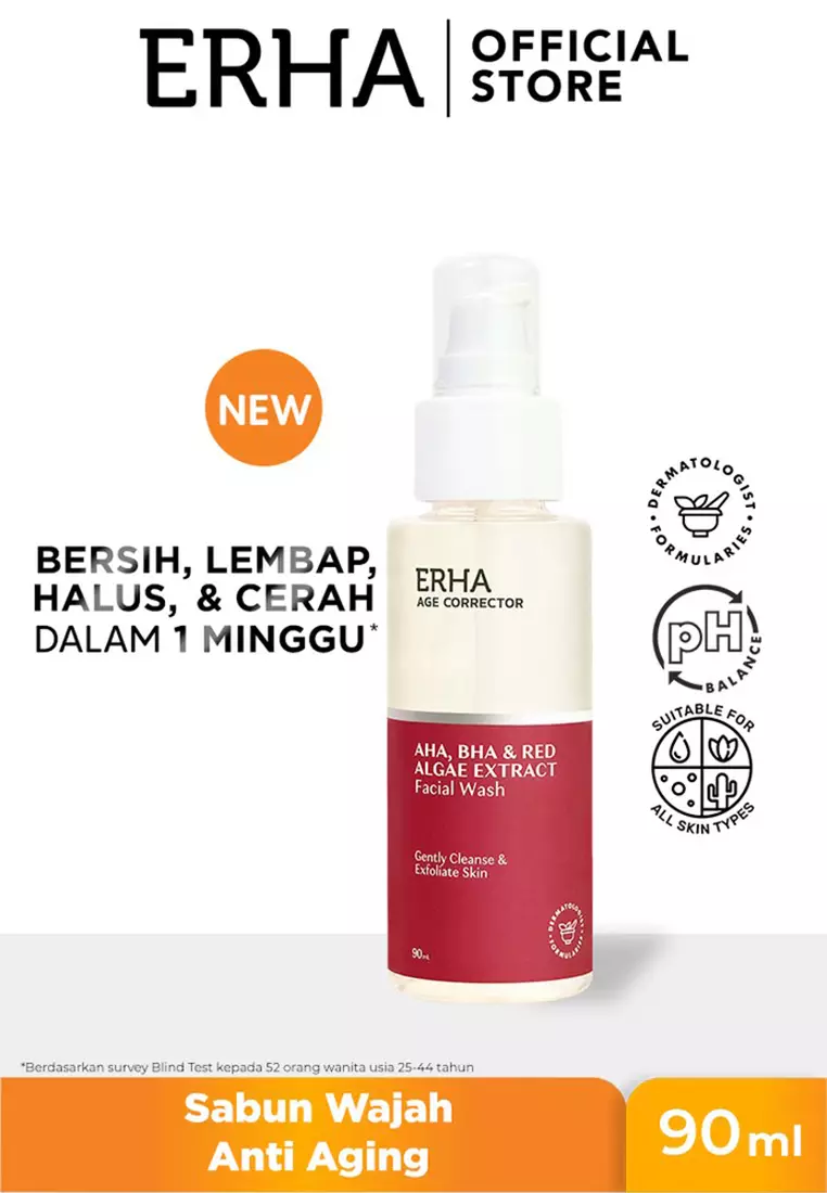 ERHA Age Corrector Facial Wash 90ml AHA, BHA & Red Algae Extract - Sabun Cuci Muka Anti Aging Awet Muda | PH Balance | Membersihkan | Melembabkan | Meremajakan Kulit | Anti Penuaan | Lembab Cerah Halus