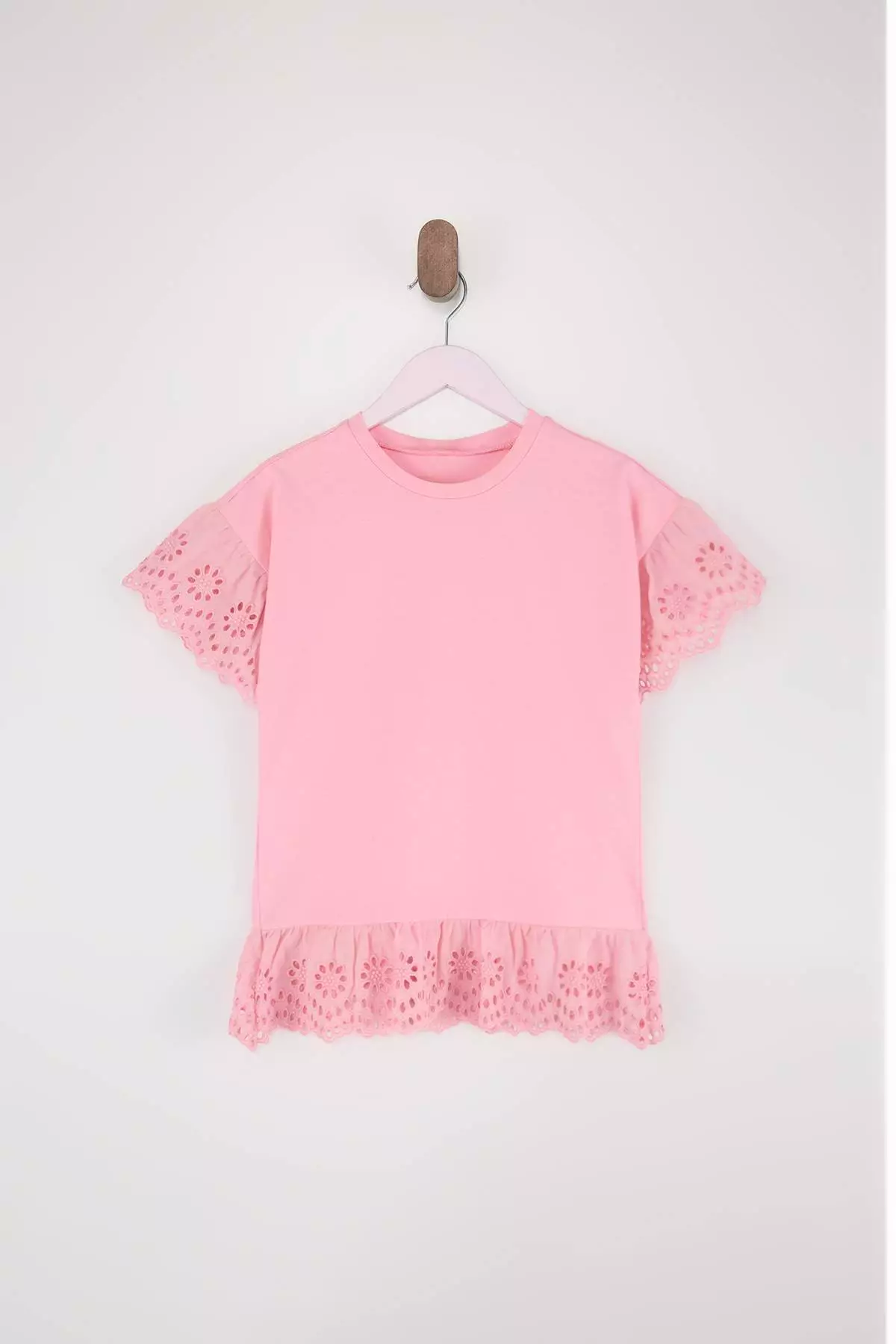 Pink Girl Child 100% Cotton Brode Detailed Short Sleeve Knitted T-Shirt/Blouse Tkdss24Ts00008
