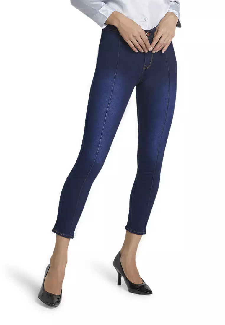 Ethelyne Celana Jeans High Waist Lipat Tulang Tengah Bawahan Wanita Casual - Navy