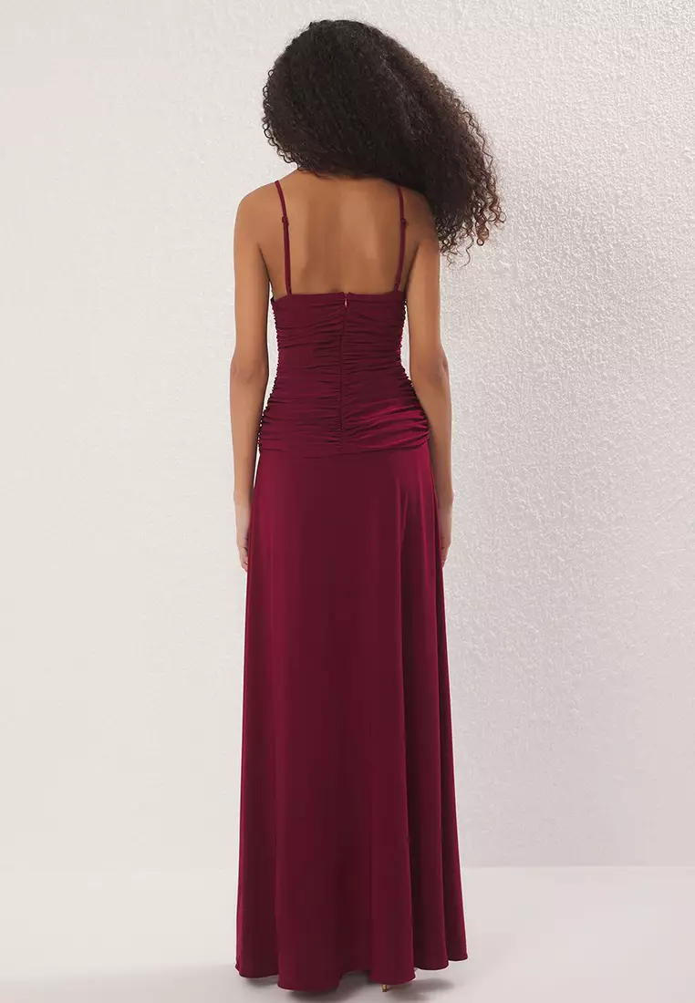Burgundy Rose Detailed Knitted Maxi Elegant Evening Night Graduation Dress TPRSS25AE00180