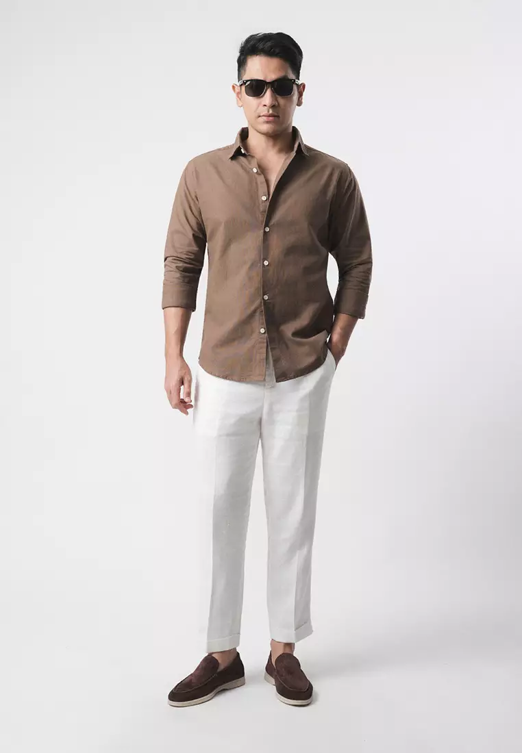 Linen Blend Slim Fit Shirt - Wood Brown LS