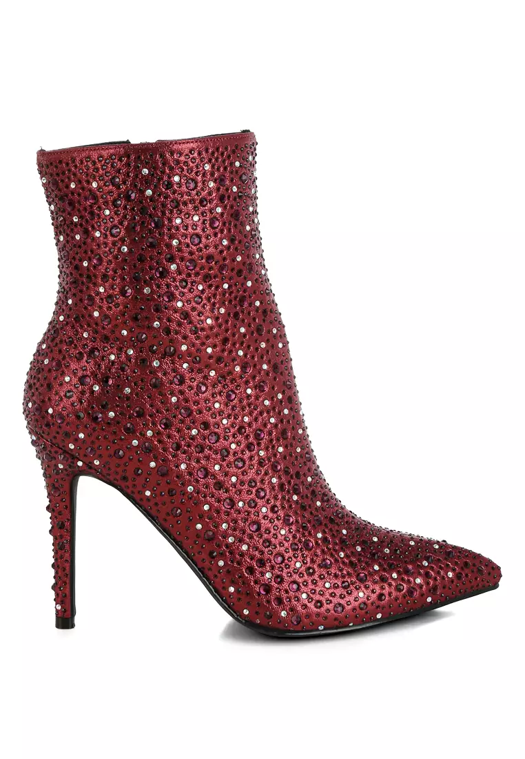Discount on London Rag  shoes - SKU: Rhinestones Embellished Stiletto Boots in Burgundy