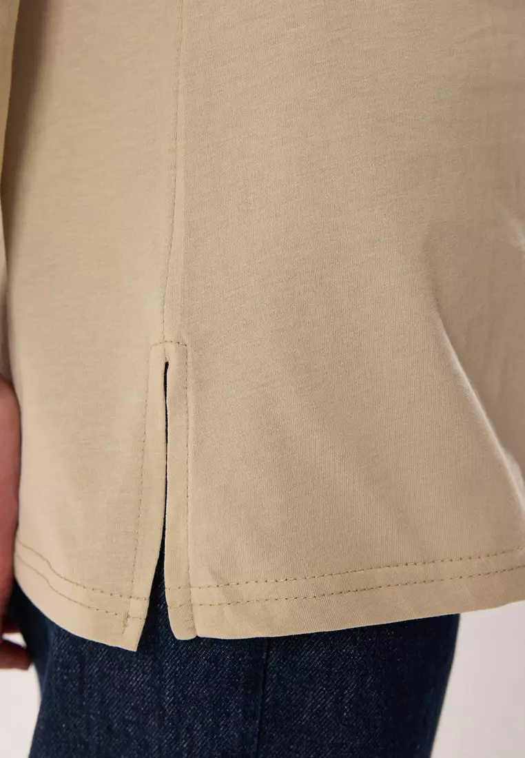 Tan Beige Long Sleeve Slit Detailed Knitted T-Shirt TCTSS25RT00000