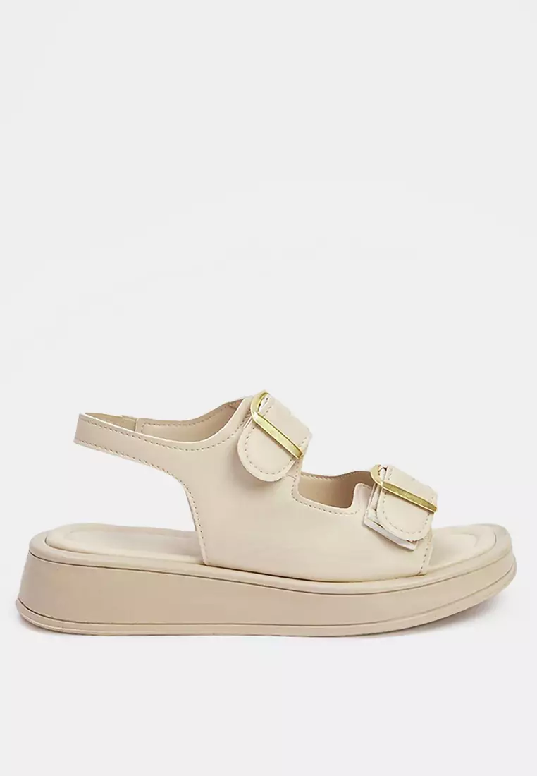 Beige Double Buckle Women's Thick Tan Sandals Takaw25Sd00000