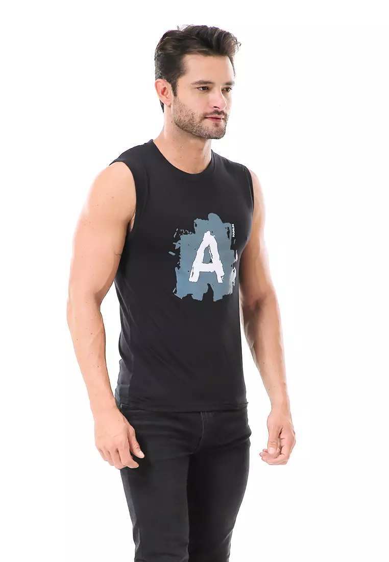 Bobby Atasan Kasual Pria Singlet Motif Huruf A Atasan Tanpa Lengan Material Cotton ORIGINAL - Black
