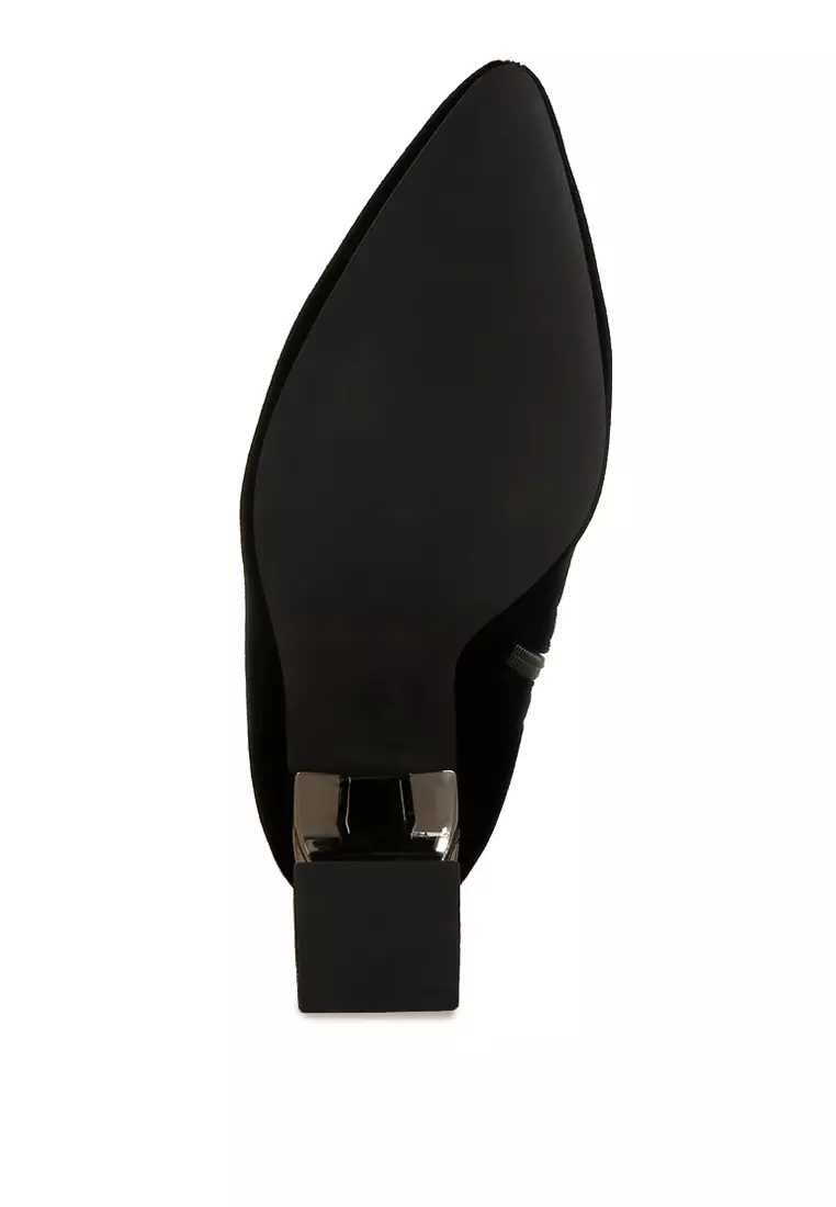 Black Flared Block Heel Velvet Boots