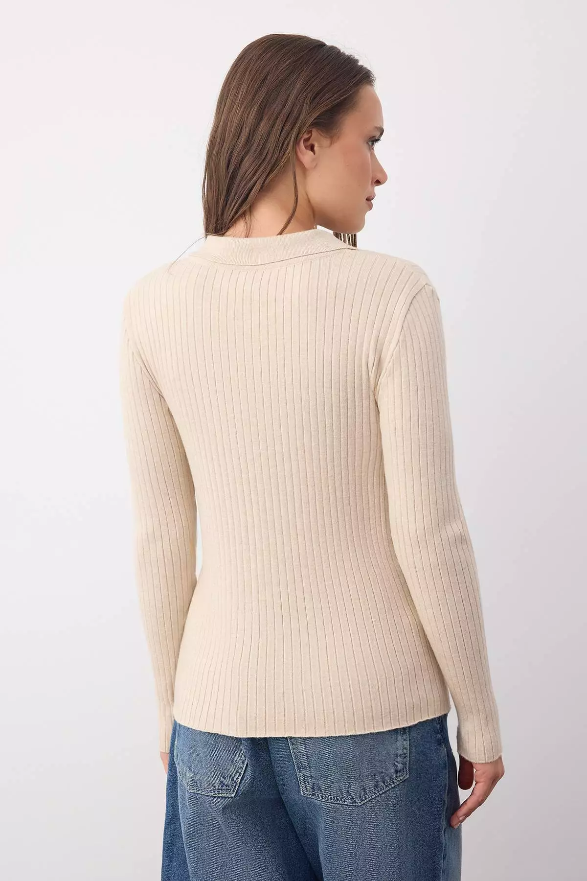 Wardrobe Essentials Stone Premium Yarn Polo Neck Ribbed Knit Sweater | Twoaw26Kz00077