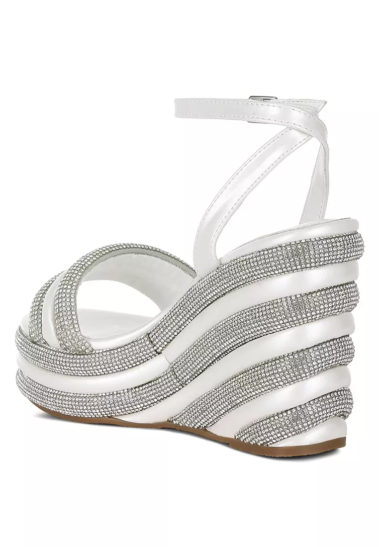 White Rhinestone Studded Wedge Sandals
