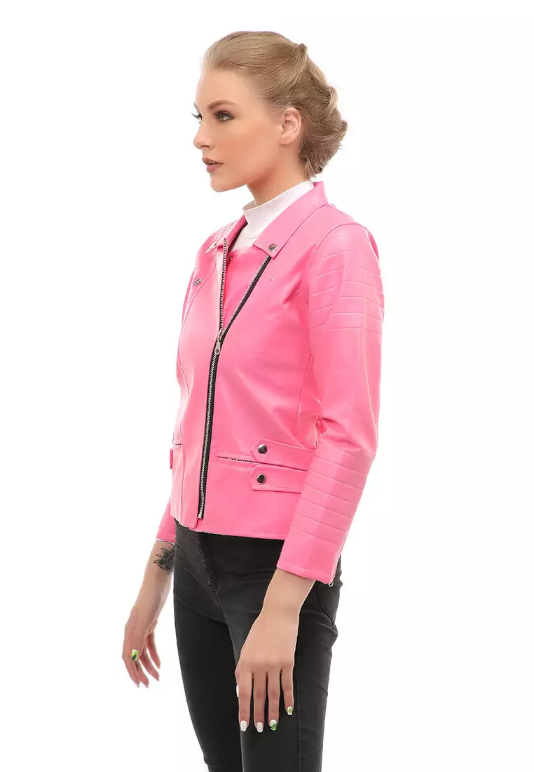 Glenice Jacket Fashion Wanita Windproof & Waterproof Desain Zipper Pocket Material Leather ORIGINAL - Pink