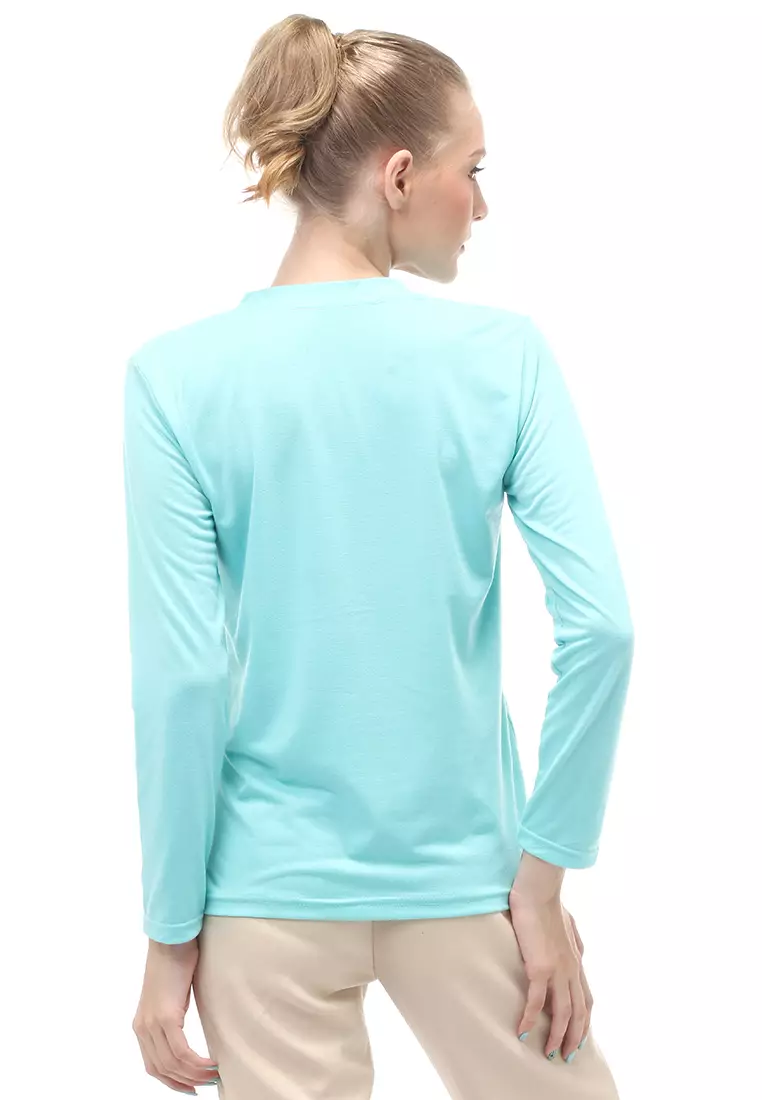 Kaos Polos Atasan Wanita V-Neck Lengan Panjang Design Simple Relaxed Fit - Mint