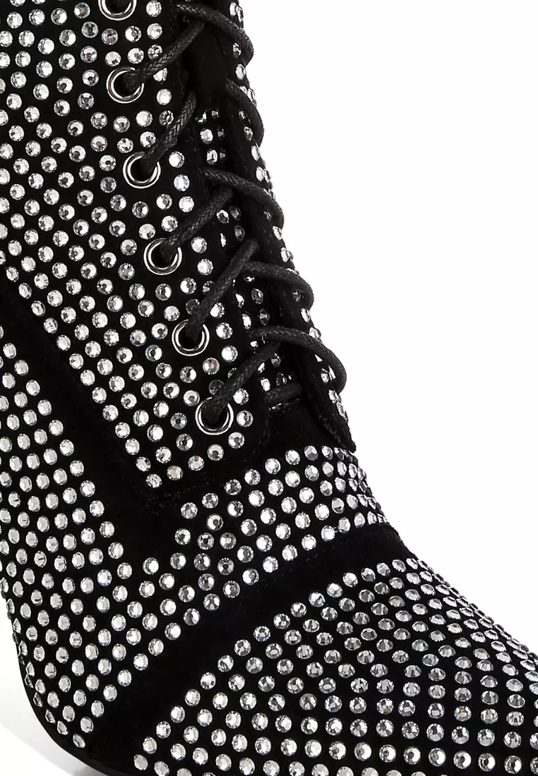 Rhinestones Embellished Calf Boots in Black