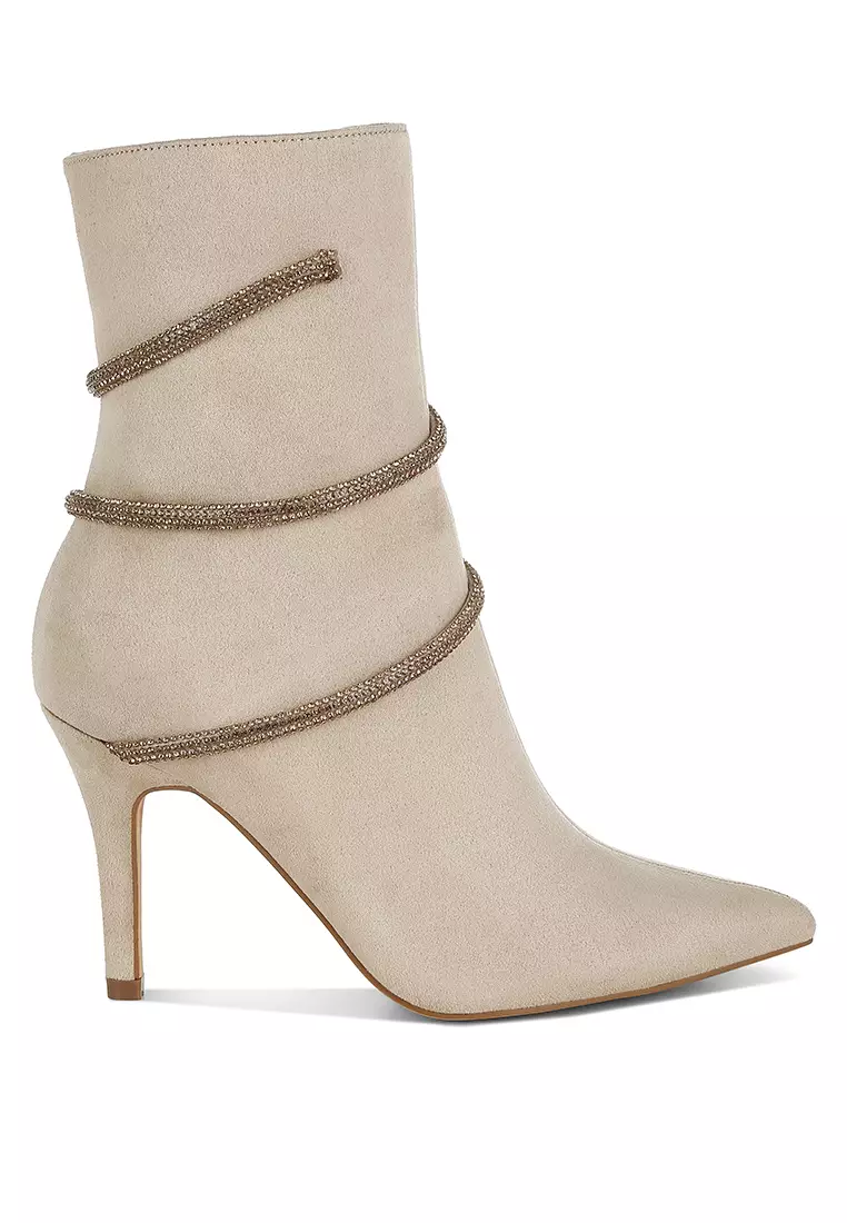Discount on London Rag  shoes - SKU: Rhinestone Wrap-Around Stiletto Boots in Beige