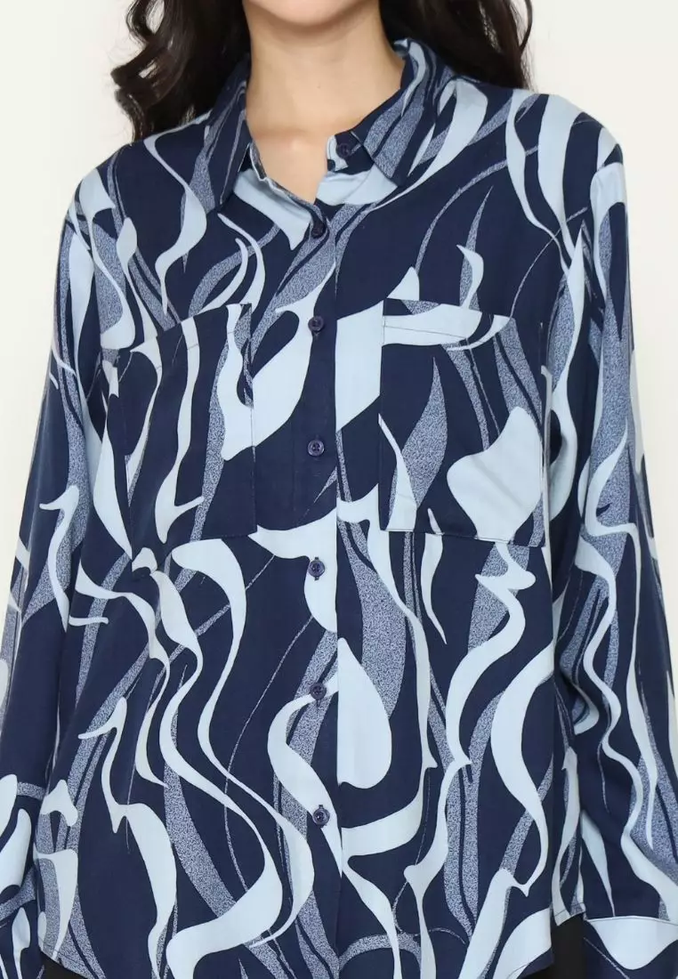 Urban Exchange Shirt Cherry Printed Navy Blue - Printed Shirt Kemeja Oversize