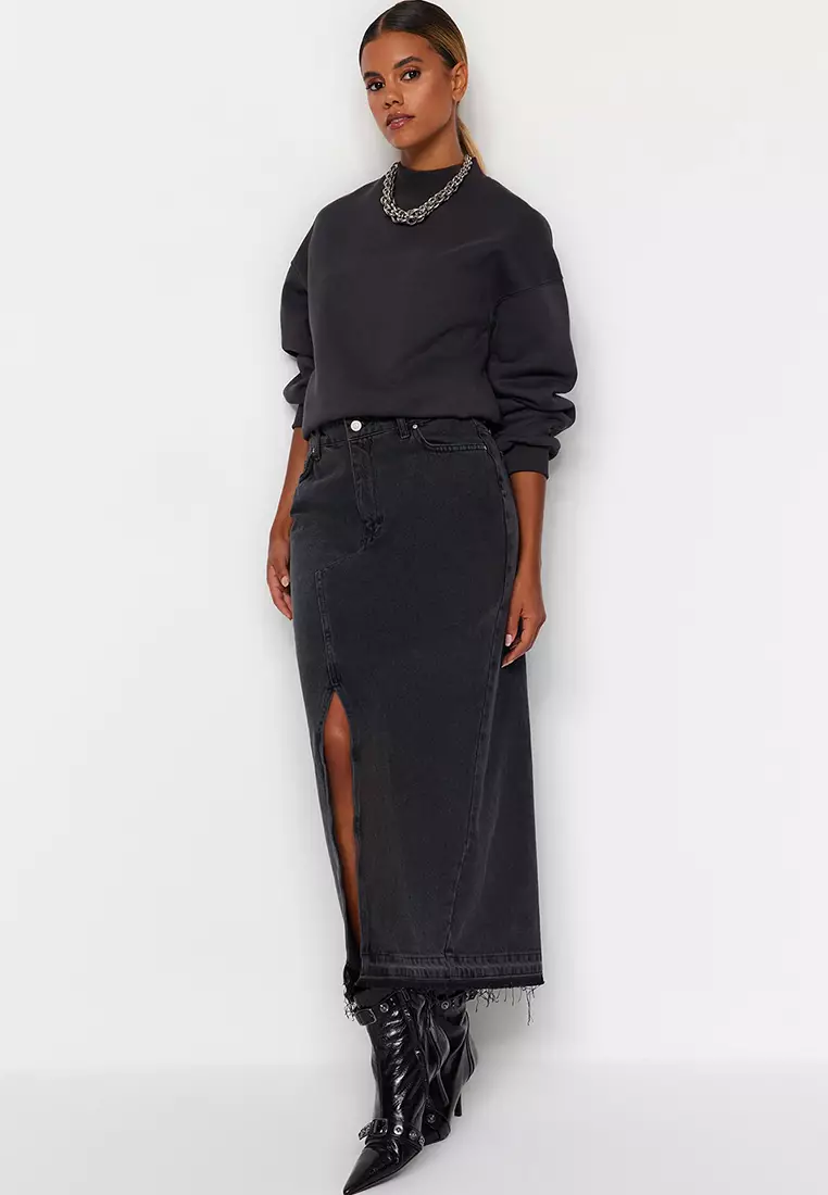 Maxi Denim Skirt with Slit Detail