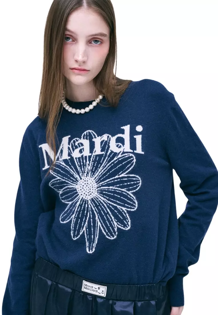 Cashmere Crew Neck Flowermardi - Navy Ivory