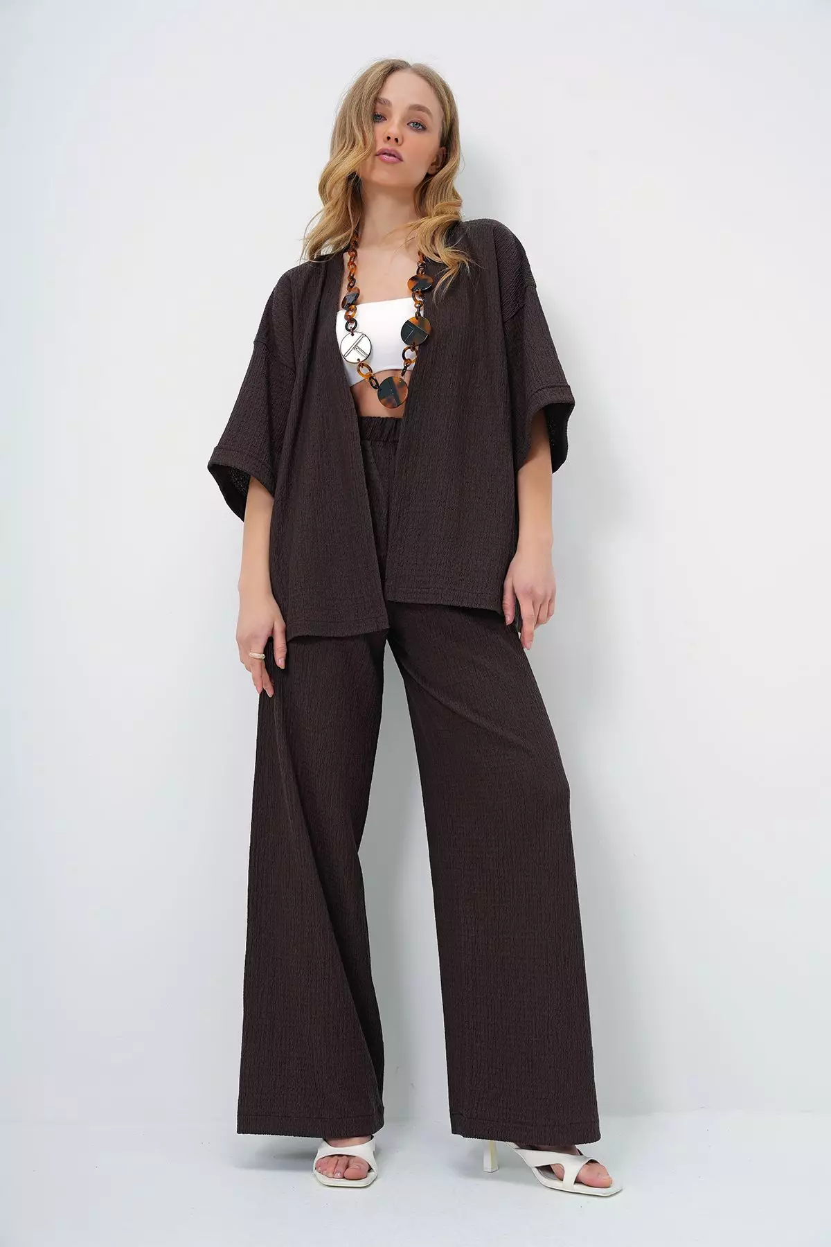 Women's Bitter Coffee Double Sleeve Crepe Fabric Summer Kimono and Trousers Set