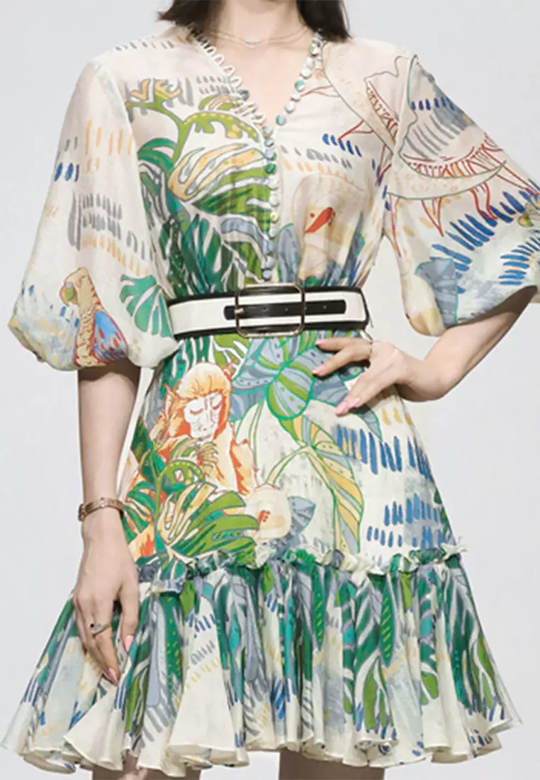 2025夏季新款氣質復古燈籠袖印花連衣裙CA061377