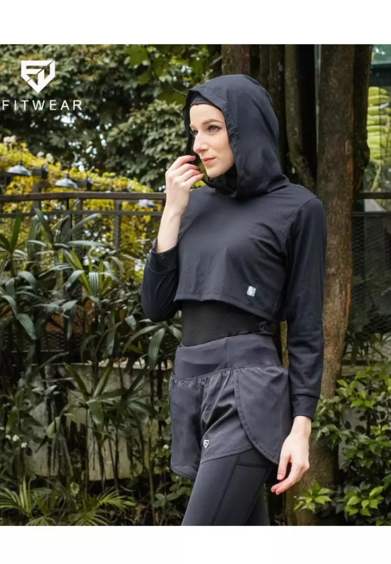 Fitwear - Croptop Jaring / Mesh / Sheer Olahraga BRENDA OUTER HOODIE LS CRP - BLACK