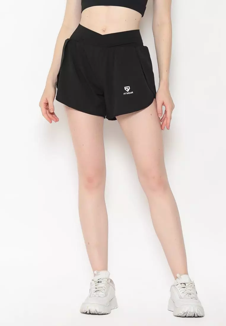 Fitwear - Celana Pendek + Inner Olahraga Wanita MELINDA CROSS WAIST SHORT - BLACK