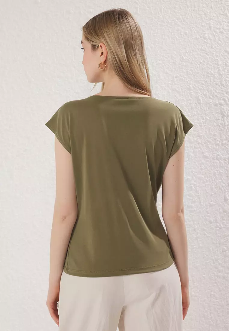 Green More Sustainable Modal Content Double Breasted V Neck Twist Detailed Knitted Blouse Twoss25Bz00471