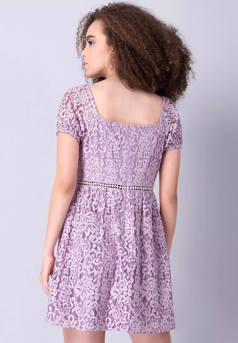 Lilac Lace Square Neck Trim Dress