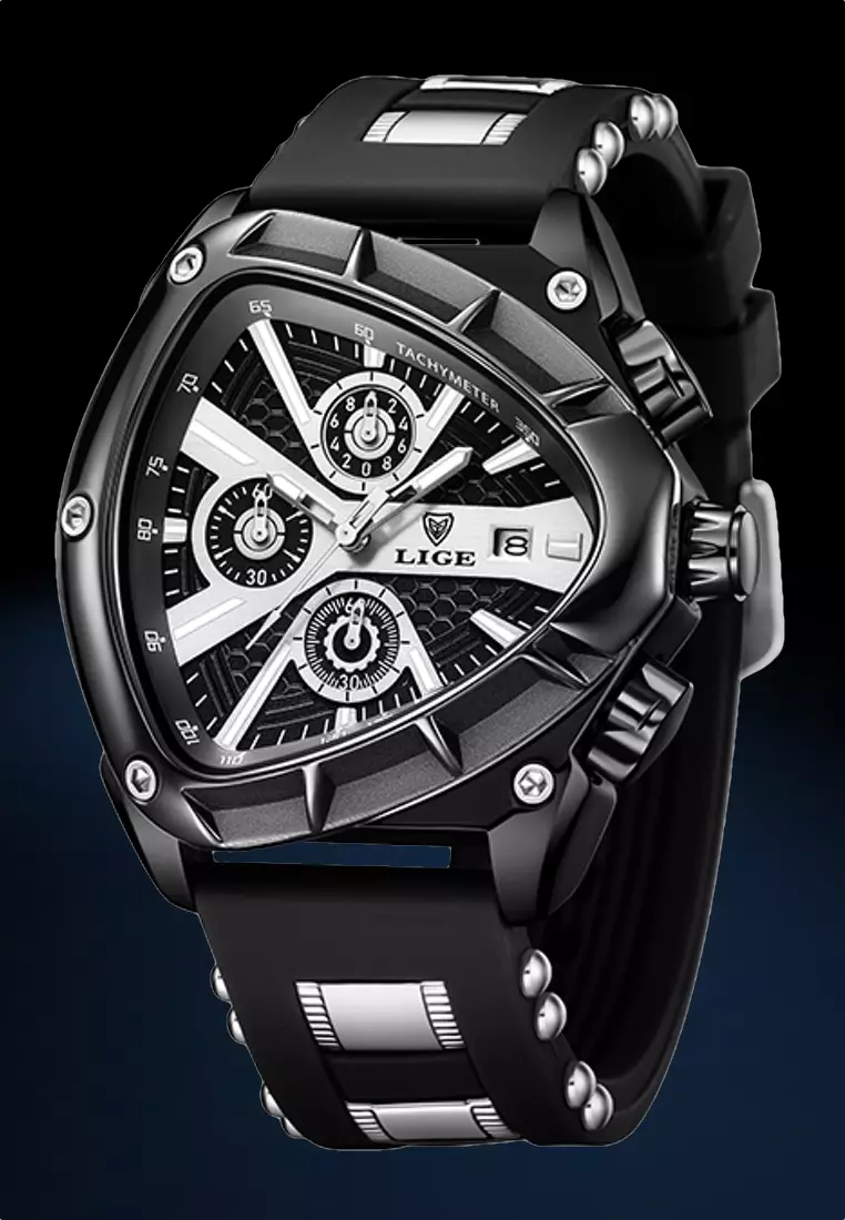 Unisex IP Black Stainless Steel Chronograph Quartz watch, 48mm diameter, with Rubber and Metal Strap