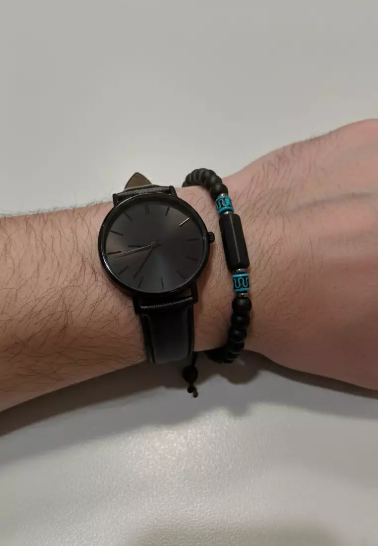 Aksesoris Gelang Pria Matte Black & Teal Beaded Beads Macrame Bracelet Black & Teal