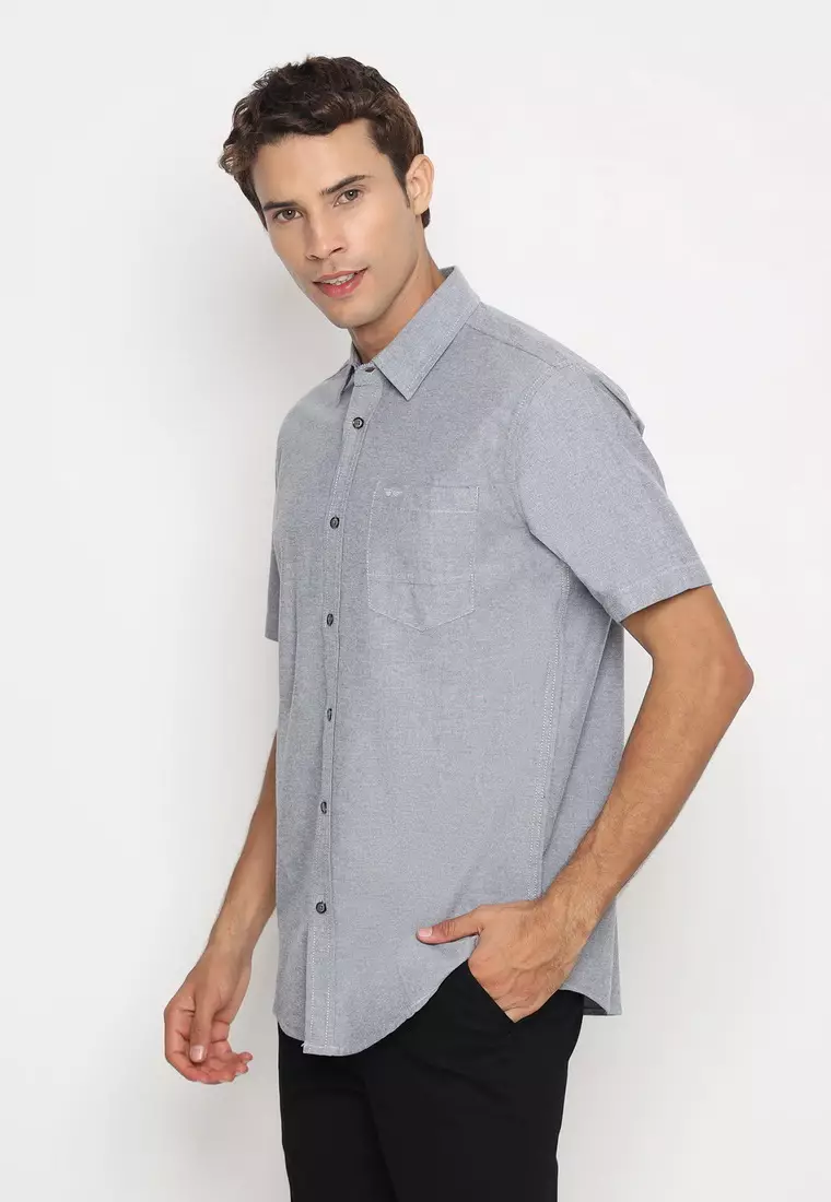 RBJ Kemeja Polos Cotton Abu Hitam Regular Fit Pria