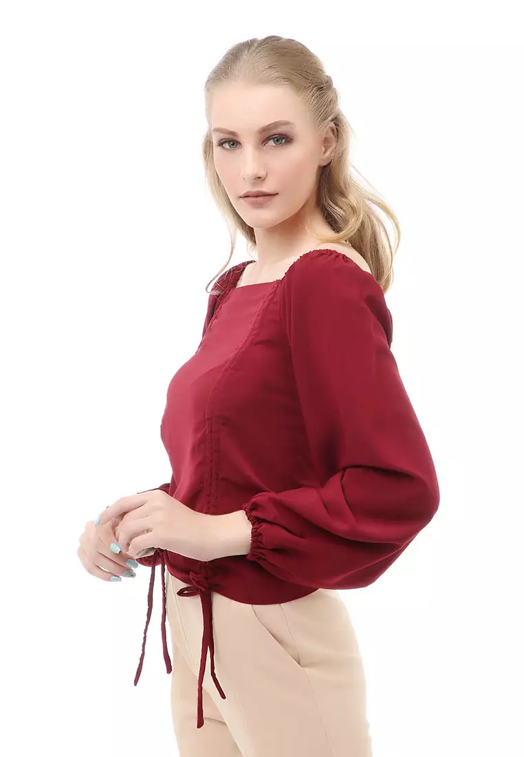 Cheva Blouse Atasan Wanita Sabrina Tali Lengan Panjang Casual Top Long Sleeve Comfortable Material Wolfis ORIGINAL - Maroon
