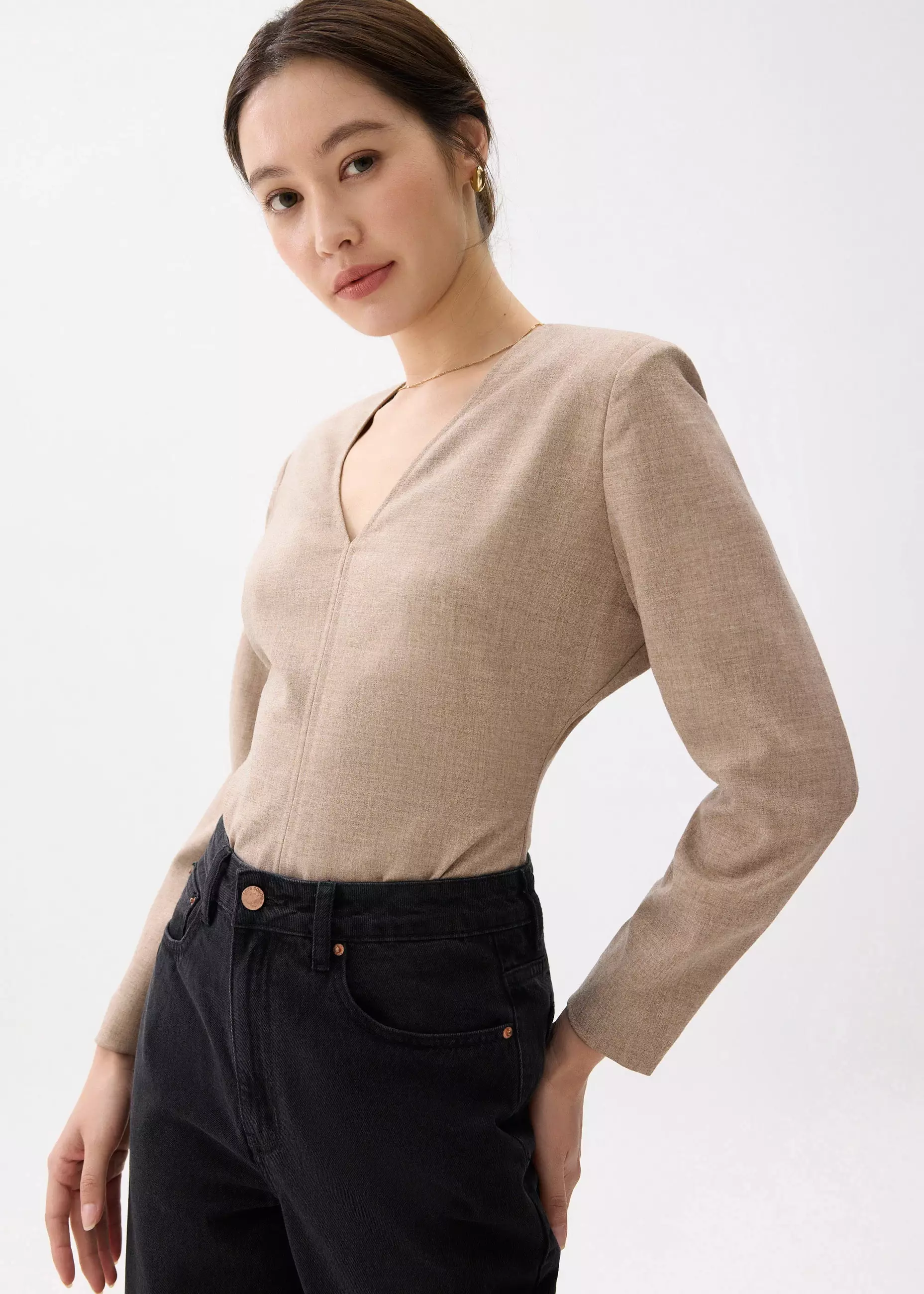 Atasan Wanita - Moon Shoulder Padded Melange V-neck Top