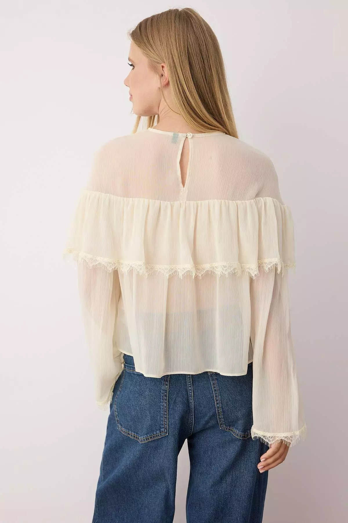 Ecru Chiffon Lace Detailed Crew Neck Blouse